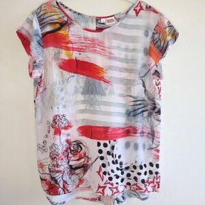Tianello 100% Silk Blouse Short Flutter Sleeve Roses & Polka Dots  Women's Small